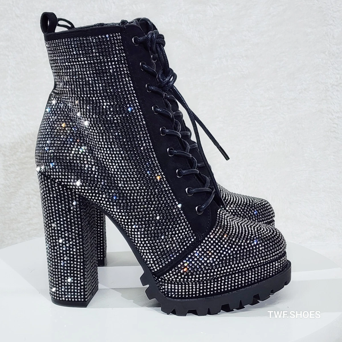 Wild Diva Vivian Lug Sole Rhinestone Chunky Block High Heel Ankle Boots Booties