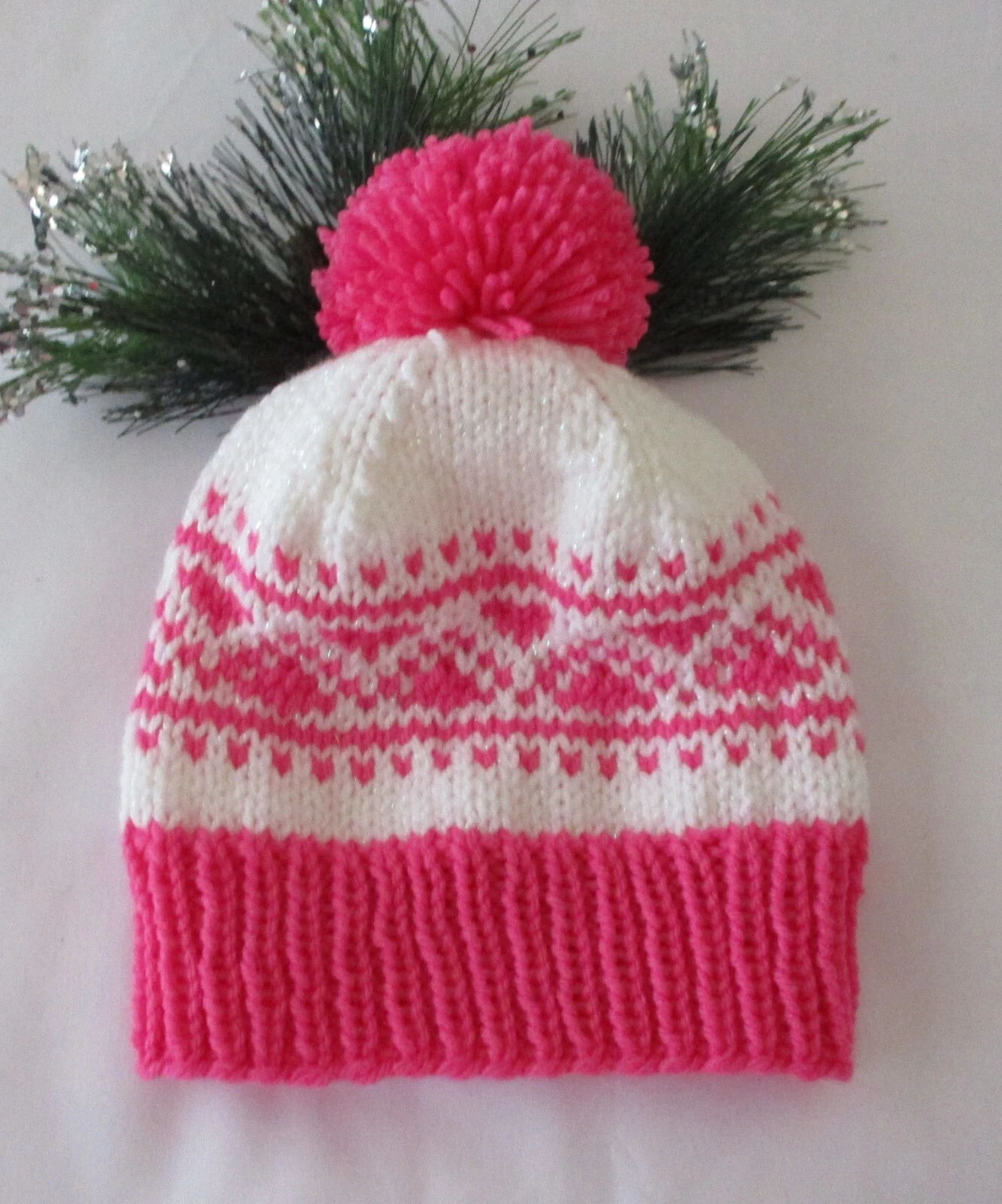 Hand Knit Child's Hat in Nordic Fair Isle Pattern, Acrylic, Pink and White