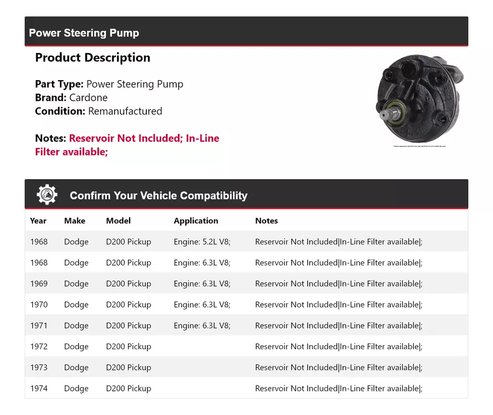 Насос гидроусилителя руля для пикапа Dodge D200 1968-1974 годов выпуска Cardone 1969 1970 1971 1972 годов выпуска - Изображение 2 из 4