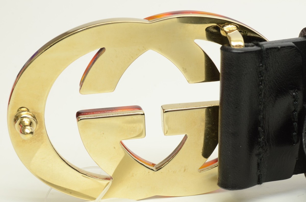 Gucci Vintage Double G Buckle Black Leather Belt Logo Tortoise & Gold Authentic Gucci Double G Buckle Belt Logo Tortoise GP Black  main image 2