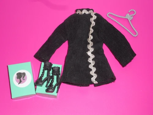 Vintage Barbie CLONE HONG KONG BLACK CORDUROY SILVER TRIM MINI DRESS + MDN SHOES