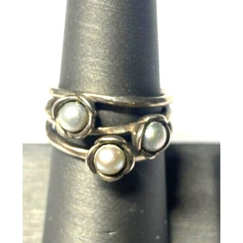 PANDORA 925 STERLING SILVER AND METALLIC GREY PEARLS 3 WISHES RING SIZE 7 SKY