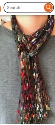 Scarf Yarn Necklace Lariat Handmade ladder ribbon trellis Dusty Rose Blue