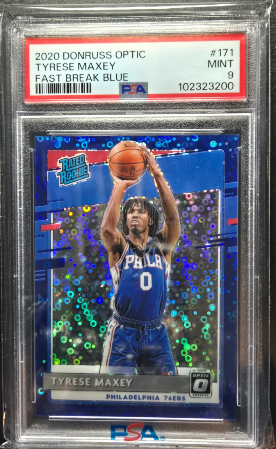2020 Donruss Optic Tyrese Maxey Fast Break Blue /50 PSA 9