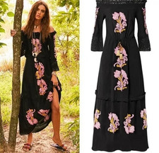 Figue Noelle Off-the-Shoulder Embroidered Black Cotton Gauze Maxi Dress Tassel S
