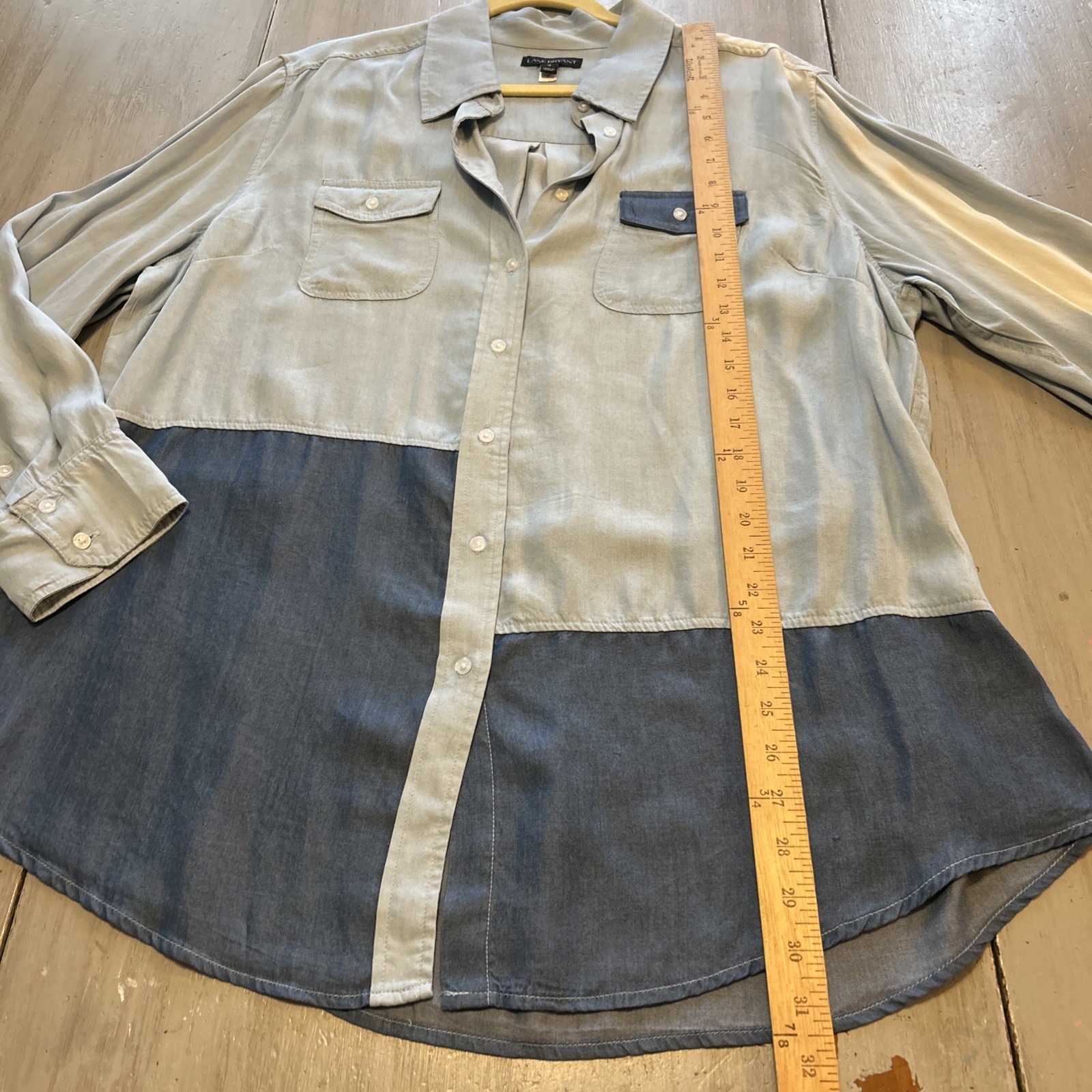 Lane Bryant Blue Patchwork Colorblock Chambray Bu… - image 3