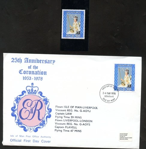 LOT 35538 USED 130 FDC FLIGHT COVER ANNIVERSARY QE11 STAMPS FROM THE ISLE OF MAN