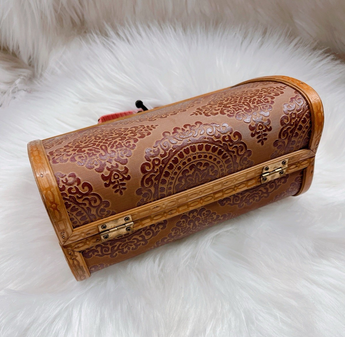 Vintage 1950s Wood & Leather Ornate Box Purse Hinged Clutch