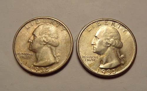 1935 AND A 1935 D WASHINGTON QUARTERS,  XF-AU, 2 NICE SILVER QUARTERS