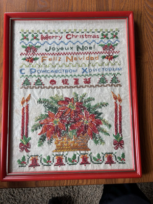 Framed Handmade Cross Stitch Merry Christmas Sampler 12x15 Plastic Glass