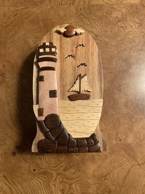CARVER DANS Wooden Box Puzzle Lighthouse Boat Ocean Hand Carved Hidden Peg
