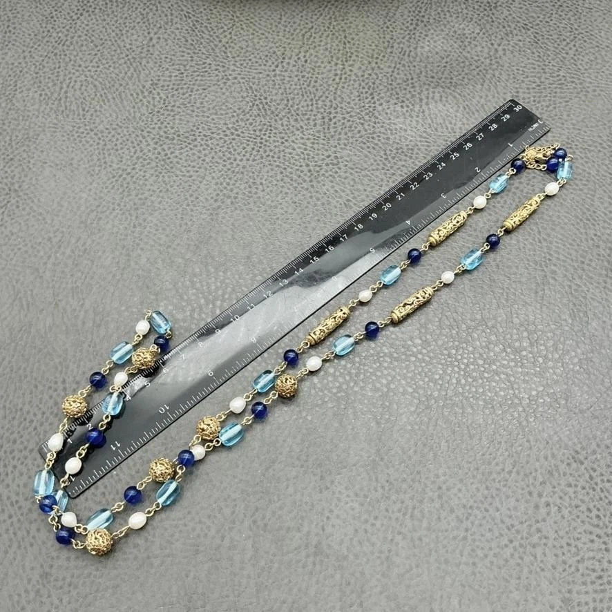 Lia Sophia Long Beaded Necklace Womens Blue Glass Gold Tone Filigree Faux Pearl - Image 3 of 4