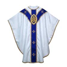 White Gothic Chasuble with MA Rays Applique + Matching Stole – Damask Fabric