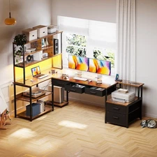 KKL KKL- Computer Desk with Power Outlets & Bookcases L Shaped Desk with LED