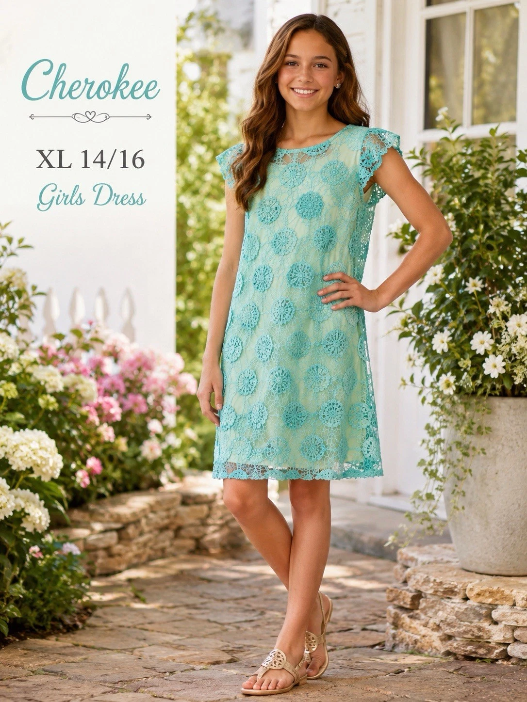 Girls Cherokee Seafoam Embroidered Mesh Shift Dress XL 14/16