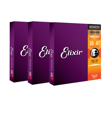  3pk Elixir Strings, Acoustic Guitar Strings, Extra Light 10-47 16002 