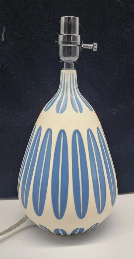 Scandinavian Design Blue and White Ceramic Nightstand Lamp With Blue Shade - Image 4 of 4