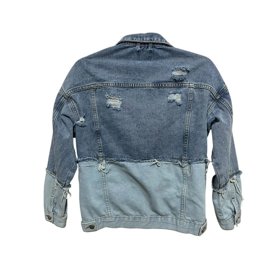 Boohoo Two-Tone Distressed Denim Jacket Ripped Raw Hem Grunge Y2k Size 6 - Image 3 of 4
