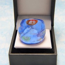 Bohemian style Blue abstract Flower Hand Blown Glass Bling Ring size 7.75