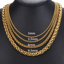 3/4/5/6/8mm Unisex Wheat Spiga Chain Stainless Steel Necklace Gold/Silver Men