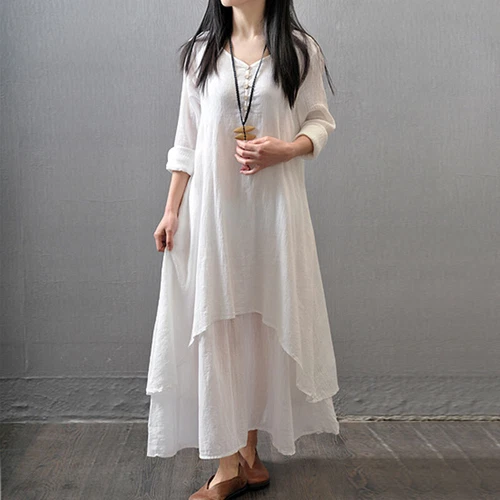 Womens Boho Cotton Linen Dress Long Sleeve Dress Sundress Maxi Dress Casual New - Picture 10 of 23