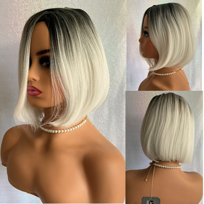 #ad Medium Bob Dark Roots Platinum Blonde Side Part Synthetic Hair Wigs Women Daily $22.19