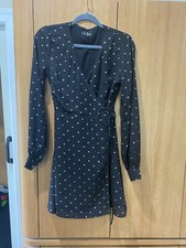 Lulus Long Sleeve Wrap Dress, Black, Gold Polka Dots, Medium, EUC