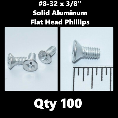 Solid Aluminum #8-32 x 3/8'' Machine Screws Flat Head Phillips Screws (Qty 100) 