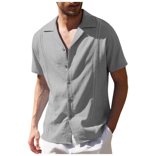 Camisa Top Verano Para Hombre Lino Suelta Informal Color Sólido Botón Cuello en V Manga Corta - Imagen 4 de 42