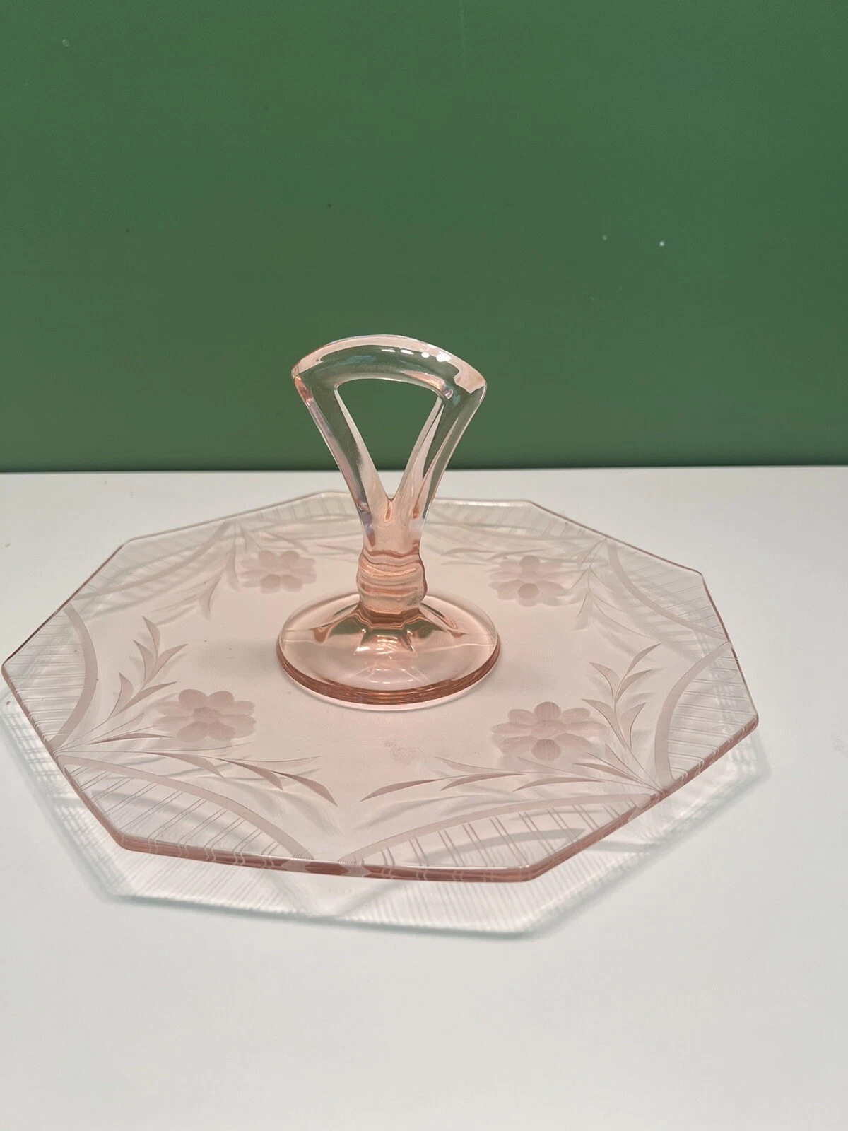 1930s Pink Depression Glass 10.5” Handled Sandwich/Dessert Tray