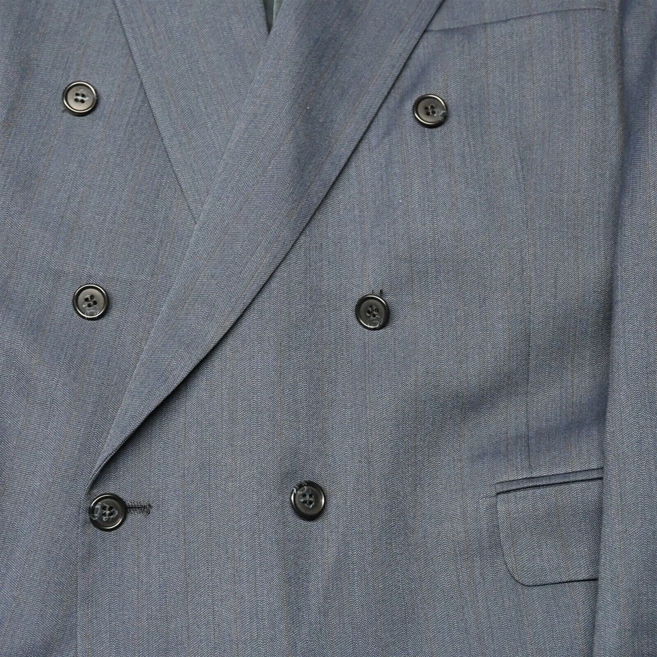 Vtg Stafford 46R 36x32 Slim Blue Herringbone Double Breasted Mens Suit - Image 3 of 4