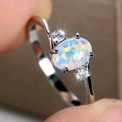 Silver Oval Opal Ring with Diamond Accents Prong Setting Silver Band