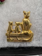 Vtg nos gold tone Cat Kittens on steps Pin