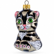 Striped Cat with Green Eyes Glass Christmas Ornament