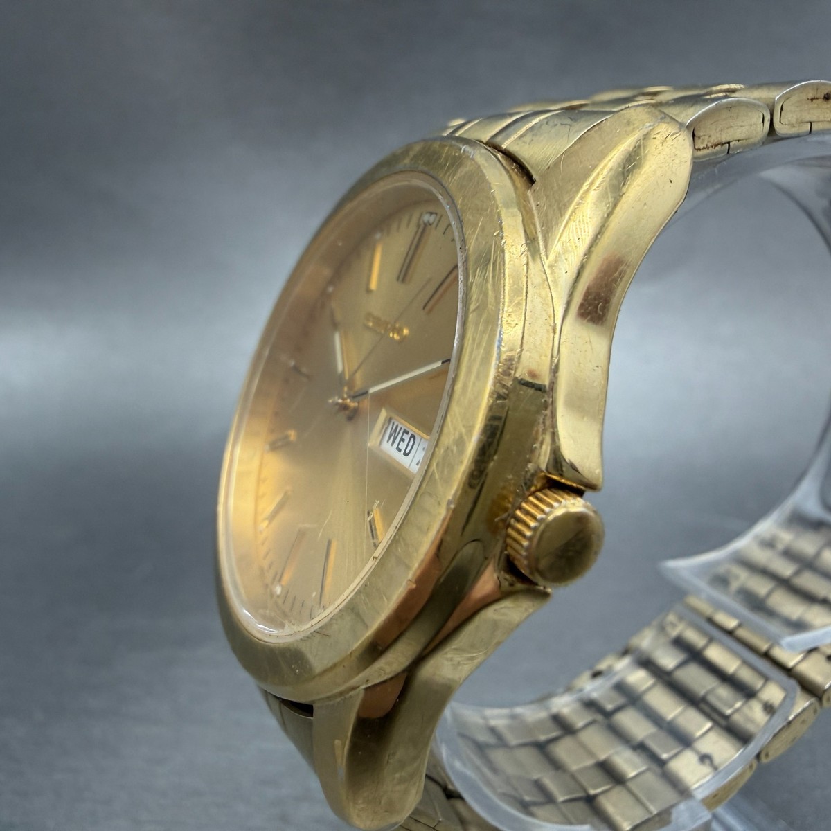 Seiko Watch Men 37mm Champagne Dial Gold Tone Daydate 7N43-0AM0