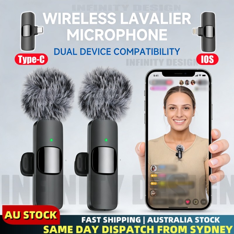 2PCS Bluetooth Wireless Lavalier Microphone Mic For Type-C iPhone Vlog Stream AU