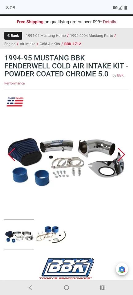Kit de admisión de aire-GT BBK Performance Parts 1712 se adapta a 94-95 Ford Mustang 5,0 L-V8 Foto 2 de 3