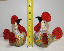 Hand Blown Murano Style Art Glass Pair Rooster Multi Colored Figurine