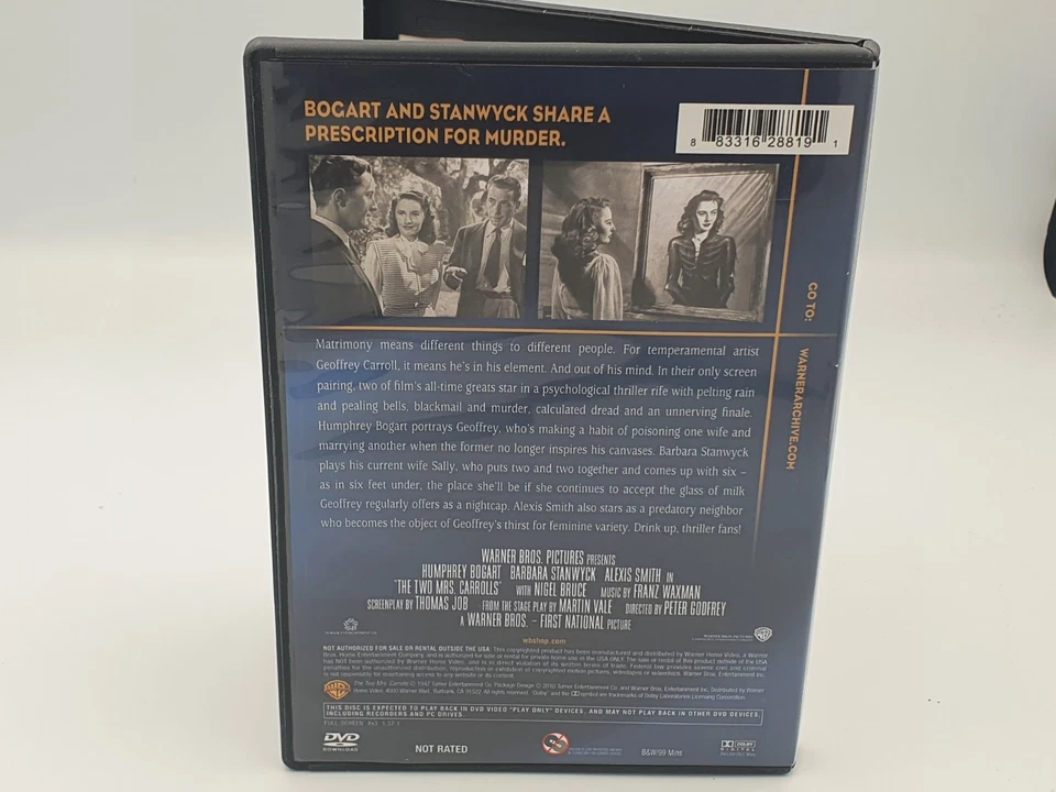 The Two Mrs Carrolls Dvd Region 1 US Import Warner Archive 1947 Humphrey Bogart - Image 3 of 3