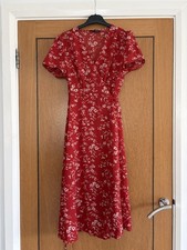 SHEIN Red Floral Wrap Midi Dress Short Sleeve Tie Waist Size M New