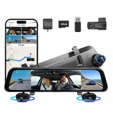 12" 4-Channel Mirror Dash Cam Front, Rear  Inside View Camera  GPS 64GB SD