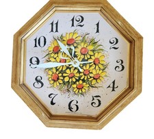 Vintage Spartus Octagonal Wall Clock With Sunflower Design Made In USA Wooden Fr