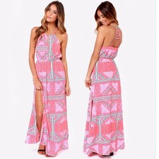 Minkpink Geometric Halter Maxi Dress Women Medium Pink Orange Backless Slit NWOT