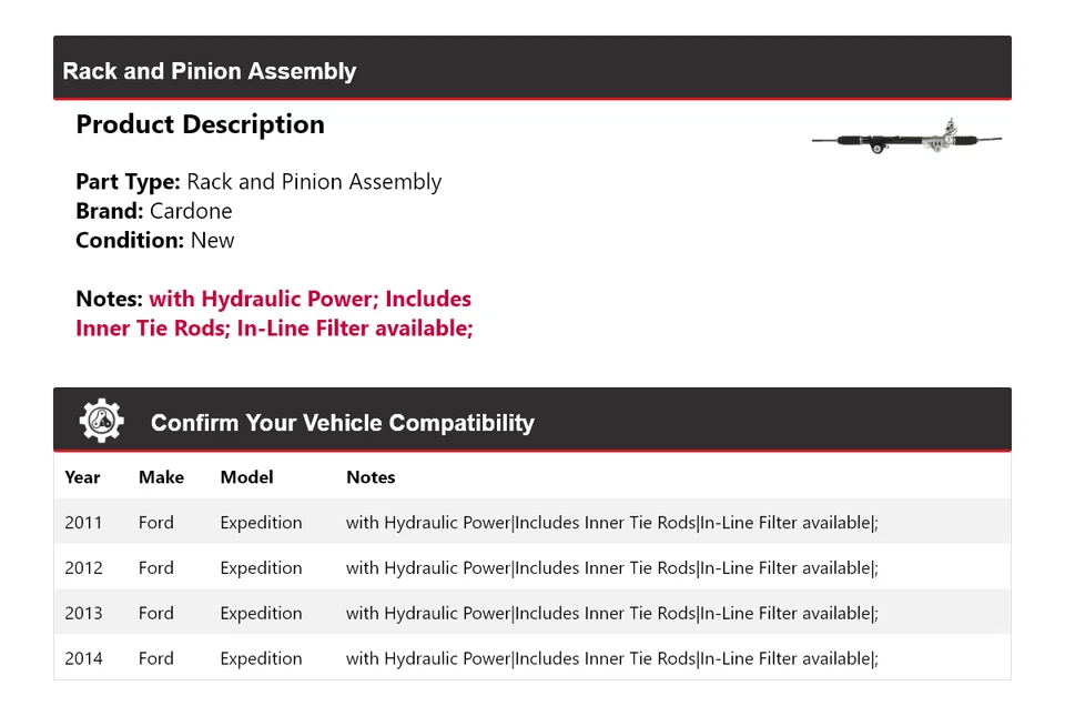 Conjunto de piñón y cremallera para Ford Expedition 2011-2014 Cardone 2012 2013 Foto 2 de 4