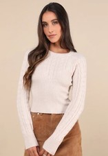 Lulus NWT Cozy Aim Beige Cable Knit Ribbed Sweater Top Crewneck Medium Stretch