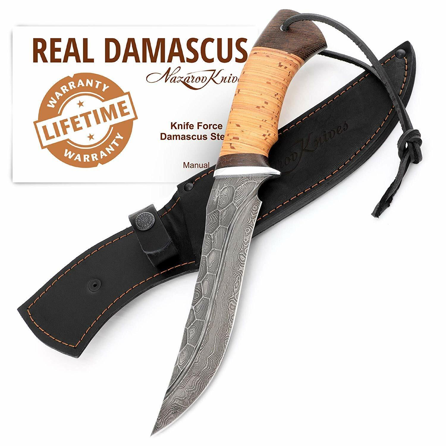 Hunting Damascus Steel Blade Knife Stone Pattern Fullers Birchbark Handle Force