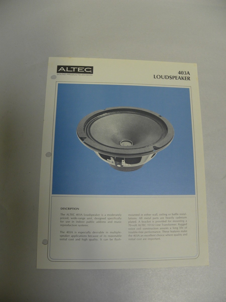 Vintage Original Altec 403A Loudspeaker Speaker Spec Sheet (B3) | eBay