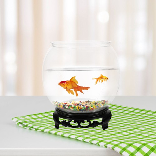 Glass Fish Bowl with Wood Holder Transparent Round Desktop Goldfish Fish Tank - Picture 6 of 9
