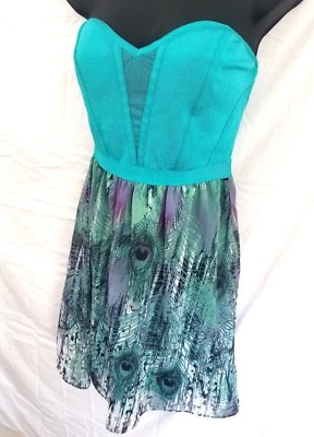 Wow Couture Womens Size Small Strapless Teal Peacock Dress Summer Wedding 