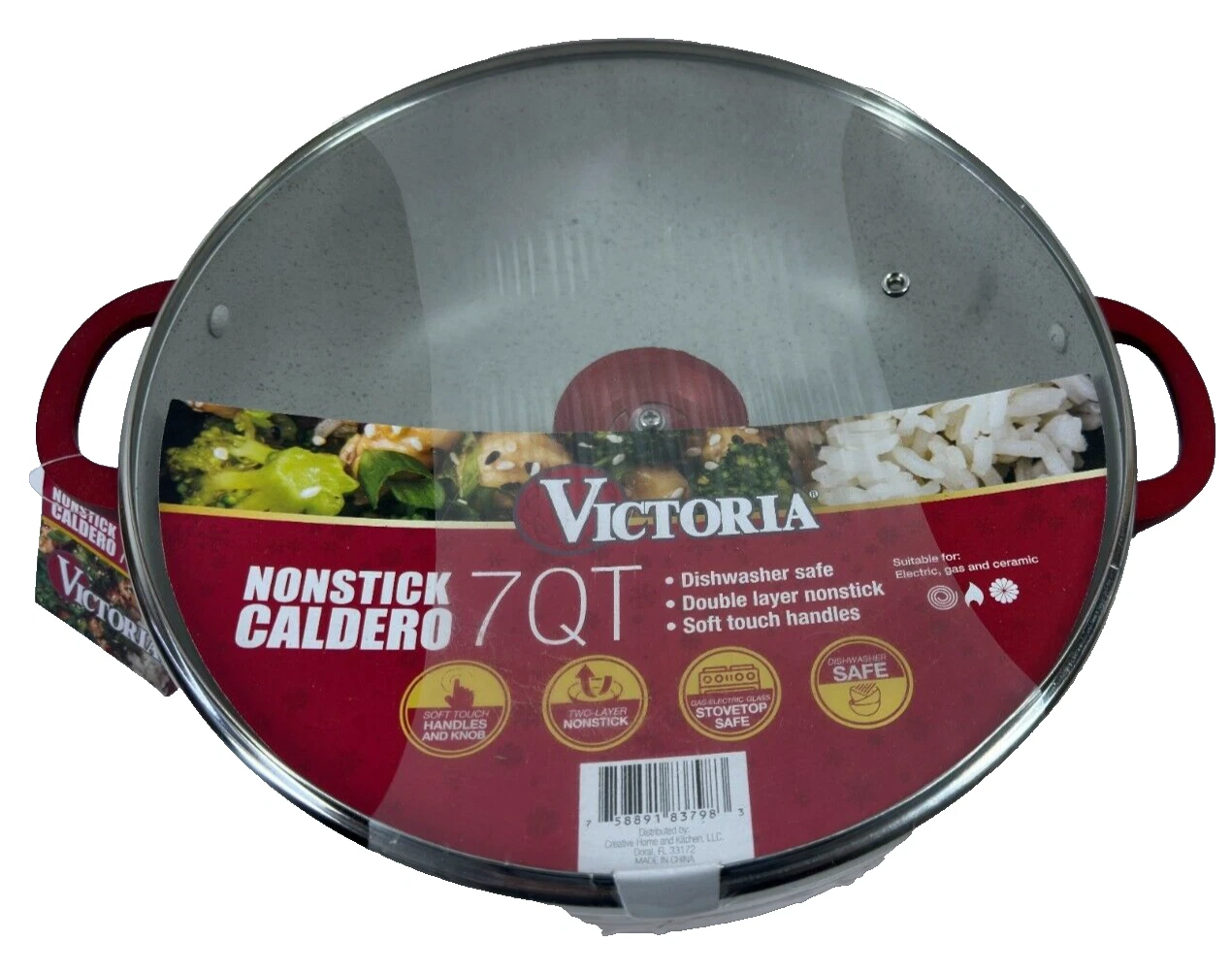 Victoria 7-QT Nonstick Caldero Pot with Glass Lid Soft Touch Handles Red New